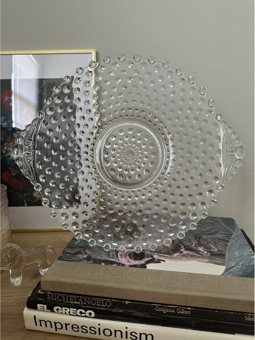 Vintage Duncan & Miller Clear Hobnail Glass Handled Cake Plate Or Serving Tray